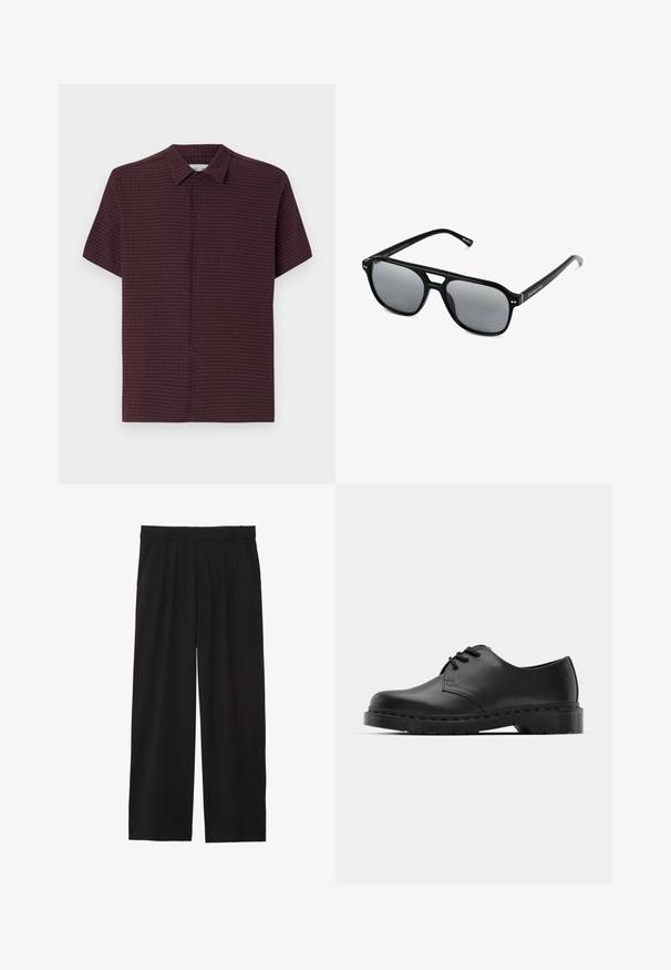 Kurzarmhemd aus dunkelburgunderfarbigem, strukturiertem Stoff mit einem durchgehenden Knopfverschluss und subtilen Karomuster. Verfügt über einen klassischen Kragen und eine lockere Passform.; Schwarze, weite Hose mit gefälteltem Vorderteil, seitlichen Taschen und einer glatten Stoffstruktur. Entworfen für eine entspannte Passform.; Schwarze Leder-Oxford-Schuhe mit Schnürdesign, runder Zehenform, flacher Gummisohle und subtilen Nähten entlang des oberen Teils.; Schwarze Sonnenbrille mit rechteckigen Rahmen, grauen getönten Gläsern und einer Aussparung im Nasensteg. Schlanker, glänzender Kunststoff, mit schmalen Bügeln.