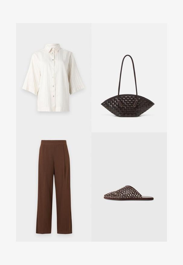 Camicetta a maniche corte con bottoni di colore beige chiaro, decorata con strisce verticali marroni, dotata di colletto alla francese e cinque bottoni sul davanti.; Pantaloni marroni a gamba larga con una texture liscia, caratterizzati da una parte anteriore piatta e pieghe. La cintura è elasticizzata per comfort e vestibilità.; Sandal in tessuto intrecciato marrone con punta arrotondata, design aperto, suola piatta e superficie testurizzata. Materiale leggero e silhouette minimalista.; THEMOIRè OLIMPIA - Borsa a mano - fondant