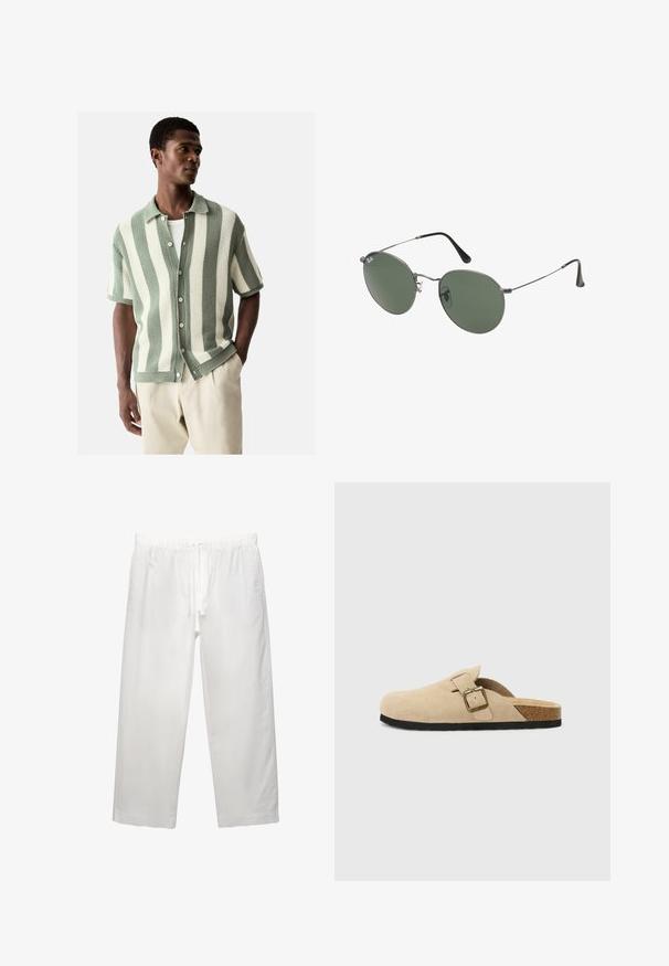 Next REGULAR FIT - SHORT SLEEVE STRIPE - Shirt - white sage green; White cotton t-shirt with short sleeves, crew neckline, and a relaxed fit. Smooth texture with no visible patterns or accents.; White linen pants featuring an elastic waistband with drawstring, wide leg design, and clean seams. Smooth texture with casual fit.; Beige suede slide-on clogs with a cork footbed, rounded toe, and a simple strap featuring a gold-tone buckle. Rubber sole for grip.; Metal-framed sunglasses with oval green lenses. Thin silver metal frame and black ear tips. Minimalist design, no visible logos.