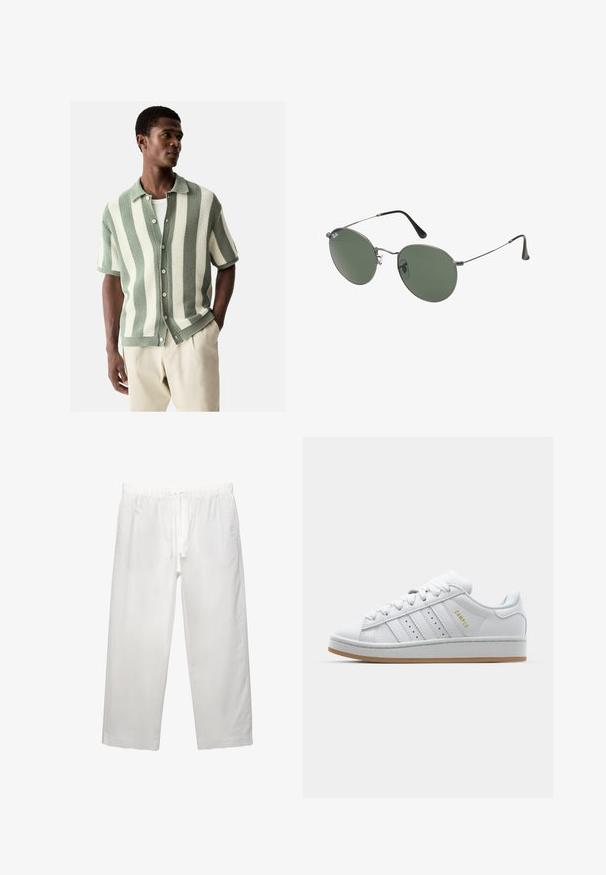 Next REGULAR FIT - SHORT SLEEVE STRIPE - Skjorta - white sage green; Vit bomullströja med korta ärmar, rundad halsringning och en avslappnad passform. Slät textur utan synliga mönster eller detaljer.; Vita linnebyxor med elastisk midja och dragsko, bred bendesign och rena sömmar. Slät textur med avslappnad passform.; Vit sneaker med perforerad tre-randig design, texturerade detaljer, gummisula och "CAMPUS"-logotyp i guld på sidan.; Metallinramade solglasögon med ovala gröna linser. Tunn silvermetallram och svarta öronpluggar. Minimalistisk design, inga synliga logotyper.