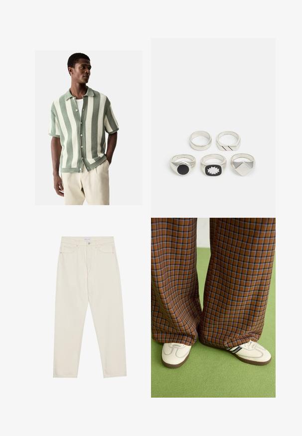 Next REGULAR FIT - SHORT SLEEVE STRIPE - Krekls - white sage green; Bēša denima džinsi ar taisnu kāju griezumu, pieci kabatas, pogu aizdare un smalki izšuvumi. Gluda tekstūra.; Brūni un zili rūtaini platās kājas bikses, kas savienotas ar baltām kurpēm ar melniem akcentiem un teksturētām zolēm, uz zaļa fona.; Pieci sudraba gredzeni: viens ar melnu apaļu detaļu, viens ar baltu un melnu ģeometrisku rakstu, un citi ar dažādām formām un apdarēm.