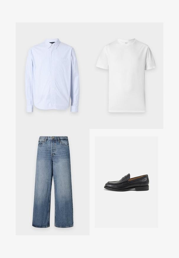 Košeľa na gombíky vo svetlomodrej farbe s bielymi vertikálnymi pruhmi. Má golier, dlhé rukávy a náprsné vrecko. Vyrobená z tkaniny.; Biela tričko s krátkym rukávom vyrobené z jemnej bavlny. Obsahuje okrúhly výstrih a rovný lem s minimálnymi detailmi.; Široké modré džínsy s vyblednutým umývaním, dizajnom s piatimi vreckami a zapínaním na gombík. S opaskovými pútkami a prešitými detailmi.; Čierne kožené mokasíny s hladkým povrchom, zaoblenou špičkou a dekoratívnym prešívaním na prednej časti. Nízky kokteilový opätok a jemný lesk.