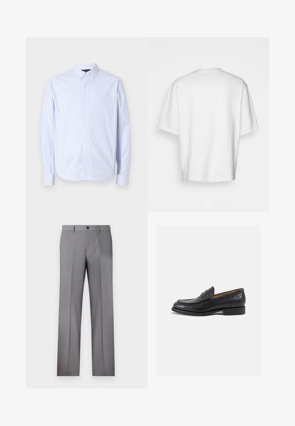 Camisa de botones a rayas verticales en azul claro y blanco. Presenta un cuello, mangas largas y un bolsillo en el pecho. Fabricada en tela tejida.; Camiseta blanca de manga corta, corte holgado, cuello redondo, tela de algodón suave, parte posterior sin adornos, dobladillo recto, sin patrones ni acentos.; Pantalones grises a medida con frente plano, dos bolsillos laterales y cierre de un botón. Textura suave con un sutil patrón de rayas en relieve.; Mocasines de cuero negro con un acabado suave, punta redondeada y costuras decorativas en la parte superior. Tacón bajo apilado y un ligero brillo.