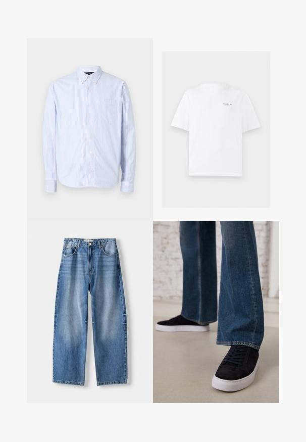 Hemd mit Knopfleiste in hellblau und weißen vertikalen Streifen. Verfügt über einen Kragen, lange Ärmel und eine Brusttasche. Hergestellt aus gewebtem Stoff.; Weißes Baumwoll-T-Shirt mit Rundhalsausschnitt, kurzen Ärmeln und einem kleinen schwarzen Logo auf der oberen linken Brust. Glatte Textur.; Helleblaue Denim-Breite-Hose mit hoher Taille, ausgestattet mit fünf Taschen, einem Knopfverschluss und sichtbaren Nähdetails.; Dunkelblaue Wildleder-Sneaker mit einer weißen Gummisohle und Schnürsenkeln, kombiniert mit weit geschnittenen Jeans in einem mittelblauen Waschung.