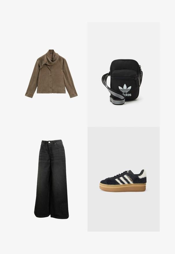 Braune Wildlederjacke mit schulterfreiem Kragen, langen Ärmeln und vorderem Knopfverschluss. Weiche Textur und gerader Schnitt.; Schwarze weit geschnittene Jeans mit hoher Taille, Frontknopf, Taschen und dezentem Logo auf der Vorder-Tasche.; Schwarze, flauschige Sneakers mit weißen Streifen und goldener Schrift, ausgestattet mit einer dicken Gummisohle und strukturiertem Obermaterial. Mit einem flauschigen Rücken akzentuiert.; Schwarze Umhängetasche aus Stoff mit Reißverschluss, ausgestattet mit einem weißen Adidas-Logo und einem gestreiften, verstellbaren Tragegurt für einfachen Transport.