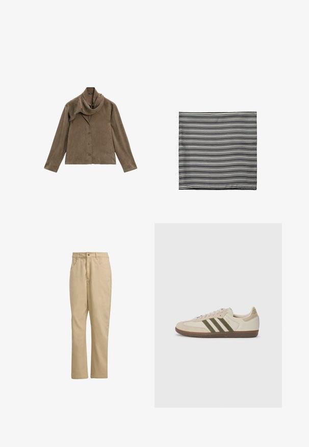 Bruine suède jas met een gedrapeerde kraag, lange mouwen en een rij knopen aan de voorkant. Zachte textuur en recht gesneden ontwerp.; Khaki katoenen broek met een rechte snit, voorzien van een sluiting met een voorknopf, twee zijzakken en minimale merkidentificatie aan de voorkant.; adidas Originals SAMBA OG UNISEX - Sneakers laag - alumina/medium dark khaki/gum; Zwart-wit gestreepte sjaal, gemaakt van lichtgewicht stof. Rechthoekige vorm met gelijkmatige, afwisselende strepen van verschillende breedtes. Zachte textuur.; Zwarte leren handtas met een trapeziumvorm, voorzien van een verhoogd Adidas logo ontwerp en een dunne schouderband. Ritsluiting aan de bovenkant.