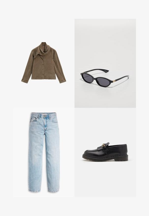 Giacca in suede marrone con collare drappeggiato, maniche lunghe e chiusura frontale con bottoni. Texture morbida e design a taglio dritto.; Levi's® BAGGY DAD - Jeans baggy - fan flare; Mocassini in pelle nera con punta tonda, frange decorative e dettagli in oro. Suola in gomma spessa per maggiore aderenza e durata.; Occhiali da sole neri con lenti ovali, tinta sfumata scura e braccetti sottili con sottili dettagli dorati. Finitura in plastica liscia.; Borsa a spalla in morbido camoscio grigio con una silhouette curva e morbida e una vasta tracolla. Presenta un logo sottile impresso sul davanti.