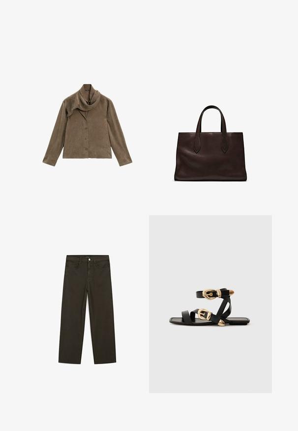 Brown suede jacket with a draped collar, long sleeves, and front button closure. Soft texture and straight cut design.; Dark green wide-leg jeans made of cotton blend, featuring a front button closure, five pockets, and classic denim stitching.; Black leather sandals with gold buckle accents, featuring multiple straps and a flat sole design for open-toe wear.; Brown leather tote bag with two elongated handles, structured rectangular shape, smooth texture, and subtle stitching details.