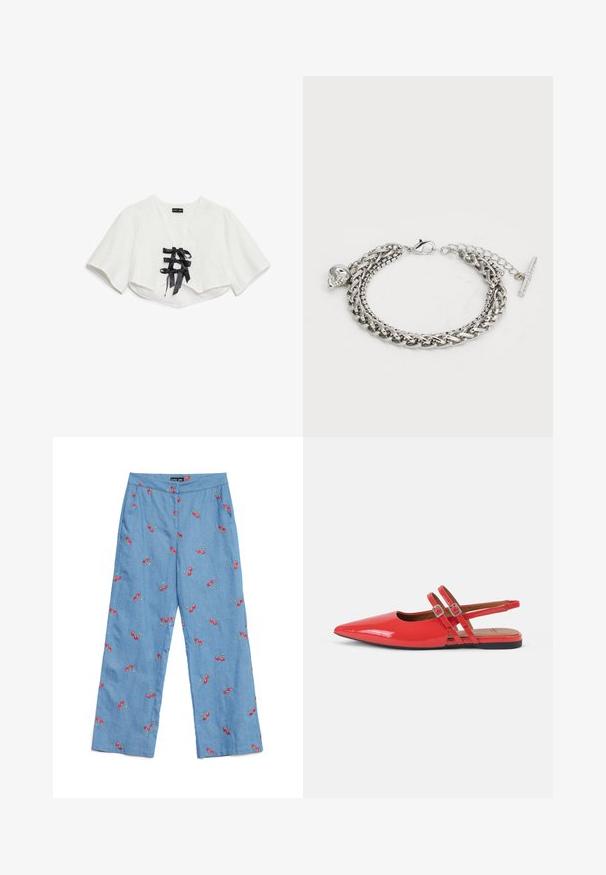 Top branco curto com mangas curtas, apresentando um padrão texturizado, decote em V e três laços de fita de cetim pretos na frente.; Calças de ganga azul claro com bordados de cerejas vermelhas por todo o lado, design de perna larga e cintura plana com bolsos.; Sapatilhas slingback em cabedal verniz vermelho, com bico pontiagudo e duas tiras cruzadas adornadas com fivelas metálicas quadradas. Design de salto baixo.; Pulseira de corrente de metal prateado com um design em camadas. Apresenta um encanto de caveira e um fecho de mola. Textura suave e acabamento polido.