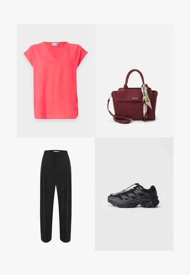 Roosa V-kaelusega T-särk lühikeste varrukatega, valmistatud kergest kangast. Omab lõdva mütsi ja külgslitte, mis tagavad liikumisvabaduse.; Mustad kõrge vöökohaga mustad laiad püksid, millel on sile tekstuur ja kaks eesmist voltimist. Kujundatud puhta ja vormitud silueti järgi.; Mustad must sportlik jalanõud tekstureeritud võrkkattega, tugevdatud varbaga ja kiire kinnitusüsteemiga. Omab jämedat talda ja kerget kontsahaardust.; Burgundi värvi käekott, mis on valmistatud sünteetilisest materjalist, struktureeritud disainiga, eemaldatava rihma ja käepideme külge seotud lillemustrilise salliga.