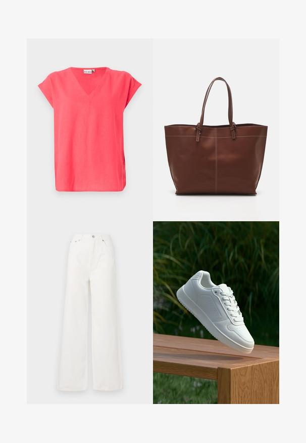 Camiseta rosa de decote em V com mangas curtas, feita de tecido leve. Apresenta um corte solto e aberturas laterais para maior liberdade de movimento.; Calças de ganga brancas de cintura alta e pernas largas. Apresentam bolsos frontais, fecho com botão e detalhes de bainha desfalcada.; Sapatilha branca com um cabedal sintético liso, caixa dos dedos perfurada, atacadores planos e uma sola texturizada, exposta sobre uma superfície de madeira.; Sacola Tote de couro castanho com alças duplas, apresenta costura em contraste e um design espaçoso, adequada para o uso diário.