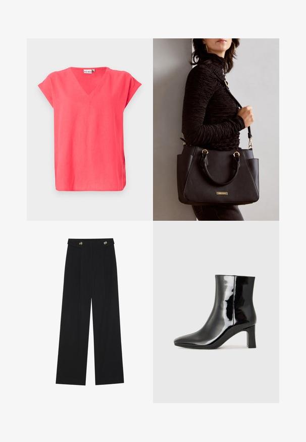 Rožinė V formos marškinėlių su trumpomis rankovėmis, pagaminti iš lengvos medžiagos. Turi laisvą siluetą ir šonines įpjovas, kad būtų patogiau judėti.; Juodi plačios kojos kelnės su aukštu liemeniu, sagų detalėmis ant liemens ir priekinėmis raukšlėmis.; Juodos lakuotos odinės aulinukės su smailiu pirštu ir vidutinio aukščio blokuotu kulnu. Lygus paviršius ir minimalistinis dizainas.; Juodas rankinės maišelis su struktūrizuota paviršiumi, dvigubais viršutiniais rankenėlėmis ir reguliuojamu peties diržu. Įrengtas aukso spalvos furnitūra ir šoninės kišenės.