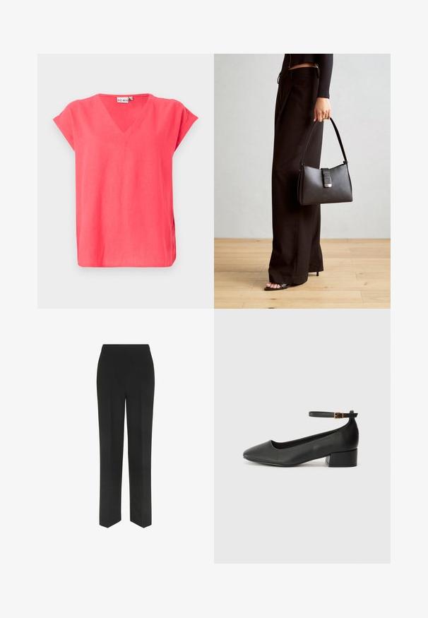 Bluza koraljno ružičaste boje s kratkim rukavima i V-izrezom, izrađena od lagane tkanine, s opuštenim krojem i bočnim prorezima.; Crne hlače ravnog kroja, s jednostavnim pojasom i bez vidljivih džepova, prikazane na bijeloj pozadini.; Crne kožne pumpe s oštrim vrhom i niskom blok petom. Sadrže remen oko gležnja s zlatnim kopčanjem. Glatka tekstura.; Crna torba s oblikom koji sadrži strukturu, glađu teksturu i metalnu kopču. Uparena s širokim crnim hlačama i sandalama na otvorenom s drvenog poda.