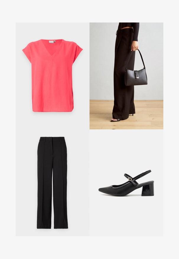 Korallszínű, rövid ujjú blúz V-nyakkivágással, könnyű anyagból készült, laza szabású, oldalsó hasítékokkal.; Fekete nadrág egyenes szárú kialakítással, két elülső pliszével, derékpánttal, látható zsebek vagy díszítés nélkül.; Fekete lakk bőr, pántos magassarkú cipő, hegyes orral, lekerekített kivágással és tömbsarkal. Arany színű csat díszíti.; Fekete kézi táska strukturált formával, sima textúrával és fémből készült záródással. Széles fekete nadrággal és nyitott orrú szandállal párosítva, fából készült padlón.