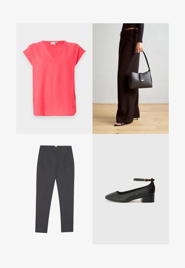 Rosa V-Ausschnitt T-Shirt mit kurzen Ärmel, aus leichtem Stoff gefertigt. Es bietet eine lockere Passform und seitliche Schlitze für mehr Bewegungsfreiheit.; Dunkelgraue, taillierte Hose mit seitlichen Taschen und vorderen Falten, entworfen für eine maßgeschneiderte Passform.; Schwarze Lederpumps mit spitzem Zehenbereich und niedrigem Blockabsatz. Mit einem Knöchelriemen und einer goldfarbenen Schnalle. Glatte Textur.; Schwarze Handtasche mit strukturierter Form, glatter Textur und einem metallischen Verschluss. Kombiniert mit weiten schwarzen Hosen und offenen Sandalen auf einem Holzboden.