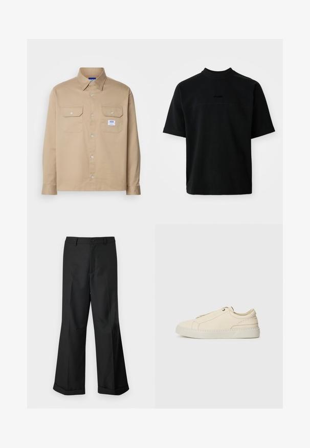 HUGO EKYNONE - Hemd - medium beige; Schwarzes, kurzärmliges T-Shirt aus Baumwolle mit hohem Hals, das eine glatte Textur und ein dezentes Logo in der Mitte aufweist.; Schwarze weit geschnittene Hosen mit geknöpftem Bund und umgeschlagenen Säumen, vor einem schlichten weißen Hintergrund präsentiert.; Beige Leder Sneaker mit runder Zehenpartie, minimalistischem Design, subtilen Nähten und strukturiertem Obermaterial auf einer hellen Sohle.