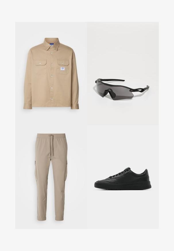 HUGO EKYNONE - Srajca - medium beige; Bež cargo hlače z elastičnim pasom in vrvico. Imajo stranske žepe in obliko nogavic, narejene so iz lahkega materiala.; Črne superge z gladkim usnjenim zgornjim delom, okroglo konico, ravnimi vezalkami, oblazinjeno ovratnikom in minimalističnim dizajnom. Gumijast podplat z diskretnim profilom.; Športne sončne očala z obrobo iz črnega plastičnega okvirja, temnimi lečami in značilnim kotnim dizajnom. Fleksibilni ročaji za ušesa za udobje.