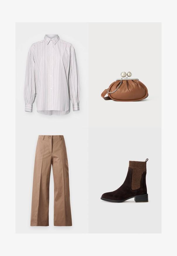 Randig skjorta i ljusa färger, med klassisk krage, långa puffärmar och en något längre bakslut.; Bruna vida byxor i ett slätt tyg, med knappstängning fram, två framfickor och rena, skräddarsydda linjer.; Brun mocka ankelskot med en texturerad brun ribbad stickad ovandel, slät yta, låg klack och dragflik vid hälen för enkel påtagning.; Brun läderhandväska med silverkulklämma och en liten silversked på vit bakgrund.