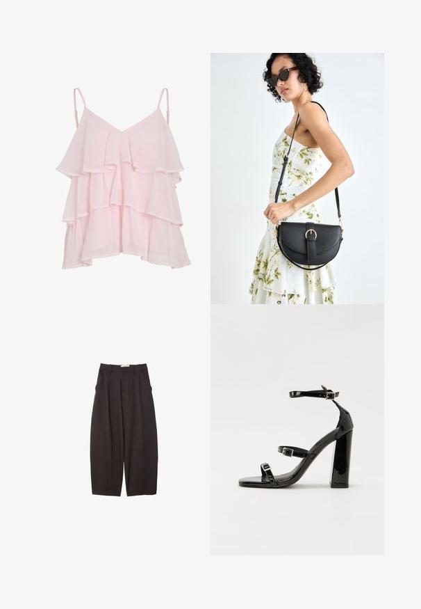 Top senza maniche a strati di colore rosa chiaro con spalline sottili regolabili e un design fluido con rouches.; Pantaloni neri a gamba larga realizzati in un tessuto morbido, con vita alta, pieghe frontali e tasche laterali. Design semplice senza decorazioni.; Sandali con tacco alto in vernice nera con due cinturini con fibbia, punta quadrata e tacco spesso a blocco, caratterizzati da una texture liscia e lucida.; Borsa a tracolla nera in pelle con una forma curva, manico rimovibile e accessori dorati. La borsa presenta una patta con un dettaglio a fibbia.