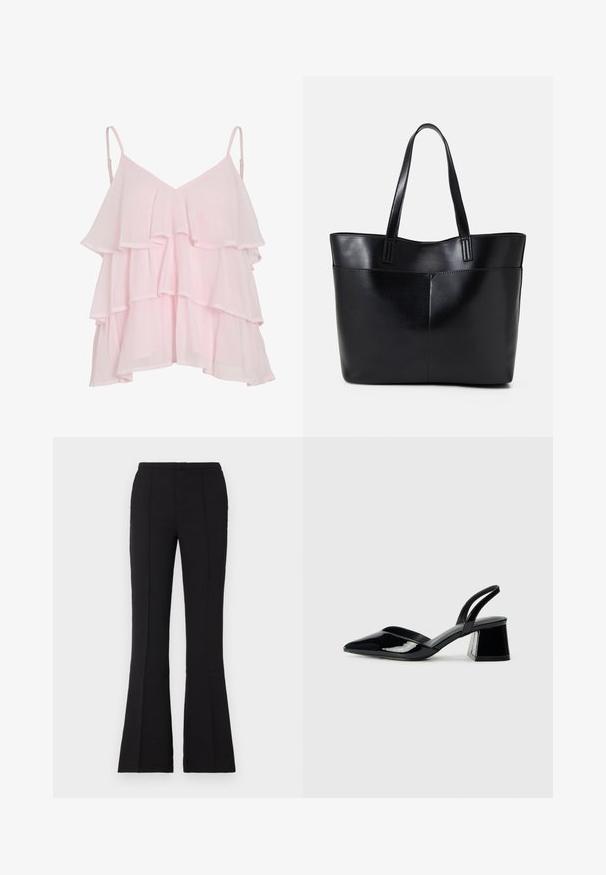 Lichtroze gelaagde mouwloze top met verstelbare spaghetti-bandjes en een luchtig, ruchesontwerp.; Zwarte flared broek van gladde stof, met een getailleerde taille, details van naden aan de voorkant en een lichte flaring die begint bij de knie.; Zwarte gepatineerde leren slingback hakken met een spitse neus en een geometrische blokhak. Kenmerkt zich door een slank, minimalistisch ontwerp en een gladde textuur.; Zwarte leren tote bag met twee lange handvatten, een zachte textuur en een gestructureerde vorm. Voorzien van een voorvak voor extra opslagruimte.