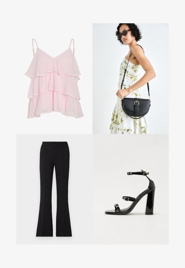 Top fără mâneci, stratificat, de culoare roz deschis, cu bretele subțiri ajustabile și un design lejer, cu volane.; Pantaloni negri evazați dintr-un material neted, având o talie ajustată, detalii cu cusături frontale și o evazare ușoară începând de la genunchi.; Sandale negre din piele lacuită, cu toc înalt, două curele cu catarame, vârf pătrat și toc gros, având o textură netedă și lucioasă.; Geantă din piele neagră, cu o formă curbată, curea detașabilă și accesorii aurii. Geanta are un capac cu un detaliu tip cataramă.
