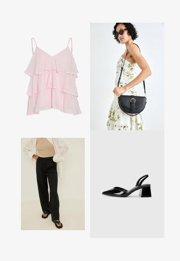 Lichtroze gelaagde mouwloze top met verstelbare spaghetti-bandjes en een luchtig, ruchesontwerp.; Zwarte hoge taille wijde pantalon, gemaakt van lichtgewicht stof, met plooien aan de voorkant en een gladde textuur. Gecombineerd met eenvoudige zwarte teenslippers.; Zwarte gepatineerde leren slingback hakken met een spitse neus en een geometrische blokhak. Kenmerkt zich door een slank, minimalistisch ontwerp en een gladde textuur.; Zwarte leren handtas met een gebogen vorm, afneembare schouderband en gouden hardware. De tas heeft een klep met een gespsluiting.