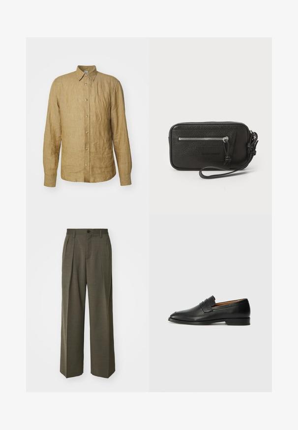 Tiger of Sweden SPENSER - Krekls - lounge; Filippa K WIDE TROUSERS - Auduma bikses - driftwood; Melnas ādas loafers ar noapaļotu purngala formu, smalku izšuvumu un zemu papēdi, piedāvājot gludu tekstūru un minimālistisku dizainu.; Melnas ādas clutch soma ar teksturētu virsmu, priekšējo rāvējslēdzēja kabatu un noņemamu roku siksnu. Iekļauts logotipa uzlikums priekšpusē. Taisnstūra forma.