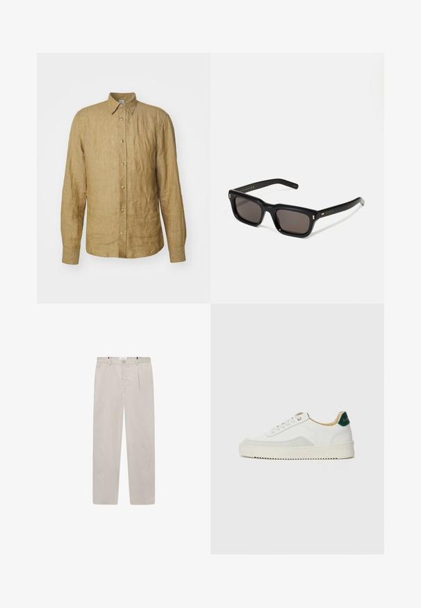 Tiger of Sweden SPENSER - Skjorta - lounge; Ljusbeiga byxor i mjukt tyg, med rak passform, två sidofickor och en framknäppning. Lätta och släta i texturen.; Vit sneaker med mockadetaljer, rund tå, platta snören och en krämfärgad gummisula. Har grön branding på hälen.; Svarta rektangulära solglasögon med mörka linser, tjock plastbåge, guldfinish på skalmarna och varumärkeslogotyp graverad på armen.