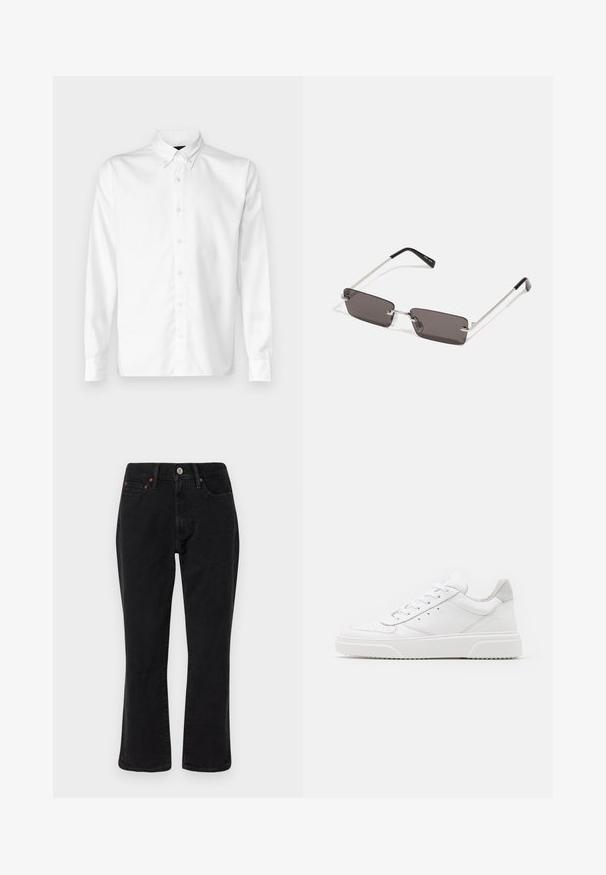 Chemise blanche à boutons en tissu lisse, avec un col classique, des manches longues et un ourlet droit. Design minimaliste sans motifs.; Jean en denim noir présentant un design à jambe droite, un style à cinq poches et des accessoires en métal avec des accents en cuivre. Texture lisse et taille moyenne.; Des baskets en cuir blanc avec une finition lisse, un bout rond, des lacets plats et une semelle texturée. Accents en daim gris au niveau du talon.; Lunettes de soleil avec des verres rectangulaires gris foncé, des montures en métal argenté et des embouts en plastique noir sur les branches. Conception légère avec des plaquettes de nez.