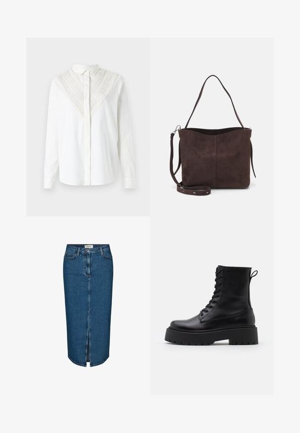 White shirt with a button-down collar, featuring a decorative crochet detail on the v-neckline. Long sleeves and a smooth texture.; Denim pencil skirt in dark blue, featuring a front slit, five pockets, and contrasting stitching. Mid-rise waist with a classic design.; Black leather ankle boots with a round toe, lace-up front, and a thick rubber sole featuring a textured tread. Pull tab at the back.; Brown suede tote bag with a soft texture, featuring a single shoulder strap and a subtle curved top opening. No visible hardware details.