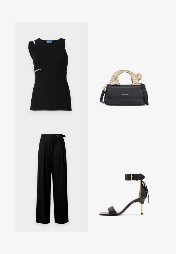 Juodas nėriniuotas tank topas su asimetriniu dizainu ir viena juosta, papuoštas logotipu prie apačios. Minkšta, tampri medžiaga.; Juodos plačios kojų kelnės su aukštu liemeniu, priekinėmis klostėmis ir diržu su sagtimi. Pagamintos iš lygaus, lengvo audinio.; Juodas odinis aukštakulnis šlepetės su kvadrato formos pirštu, kulkšnies dirželiu su auksiniu užsegimu ir liesu metaliniu kulnu. Lygus paviršius, minimalistinis dizainas.; Juodas odinis rankinukas su auksine katės formos rankena, turintis priekinę atvartą, reguliuojamą diržą ir logotipo detalę apatiniame priekyje.