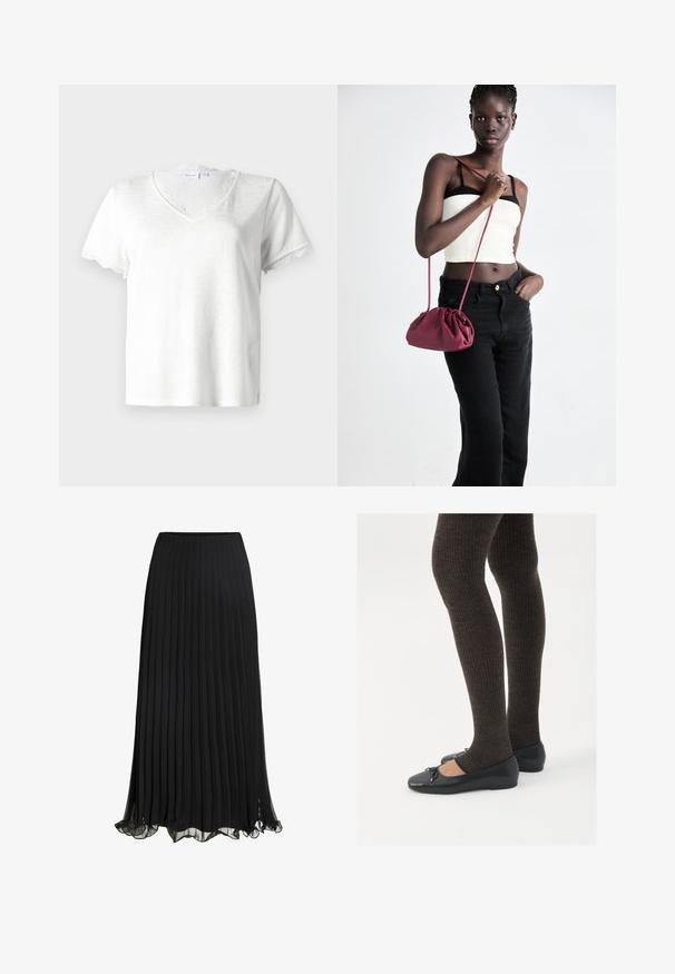 Valge lühikeste varrukatega T-särk V-kaelusega, millel on õrn pitsäärisega kaelus ja varrukaääred, valmistatud kerge kangast.; Must mustriga mustritega maxi seelik, mis on valmistatud kergest kangast ja voolavast disainist. Omab volangiga äärt ja elastset vöökohta mugavuse tagamiseks.; Mustad mustad kingad väikese teksaga varvaste juures, koos tumedate pruunide ribakangastega. Kingadel on sile tekstuur ja madal profiil.; Burgundia pehmeast kangast käekott, millel on kokkuvõetud disain ja pikk rihm, kantud üle keha. Mudel kannab valget crop-topi ja musti teksaseid.