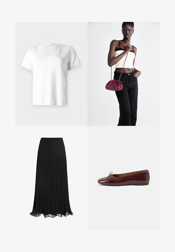 Balts īsām piedurknēm T-krekls ar V veida kakla izgriezumu, kuru rotā smalka mežģīņu apkakle un piedurkņu malas, izgatavots no viegla auduma.; Melna plisēta grīdas garuma svārki no viegla auduma ar plūstošu dizainu. Iespējas ar viļņotu apakšmalu un elastīgu jostasvietu komfortam.; Burgundijas laku ādas baleta kurpes ar noapaļotu purngalu, nelielu loku akcentu priekšā un zemu melnu gumijas zoli. Gluda tekstūra.; Burgundijas mīkstas auduma soma ar sakoptu dizainu un garu siksnu, nēsāta uz krūšu. Modelis valkā baltu piegriezuma topu un melnas džinsus.