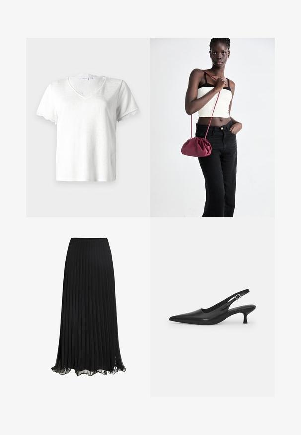Camiseta blanca de manga corta con escote en V, que presenta un delicado borde de encaje en el cuello y los bordes de las mangas, fabricada con tejido ligero.; Falda maxi plisada negra hecha de un tejido liviano con un diseño fluido. Cuenta con un dobladillo con volantes y una cinturilla elástica para mayor comodidad.; Zapato negro de piel tipo slingback con punta afilada y un tacón delgado y curvado. Presenta una correa ajustable discreta con una hebilla de metal.; Bolso de tela suave en burdeos con un diseño fruncido y una correa larga, usado cruzado. La modelo lleva una camiseta corta blanca y jeans negros.