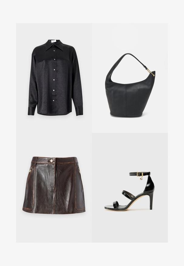 Schwarzes Langarmhemd mit kragenförmigem Halsausschnitt, mit einem zerknitterten Textur, voller Knopfleiste und Manschetten. Hergestellt aus einem glatten Stoff.; Brauner Leder-Minirock mit einem eleganten Design, zwei mit Reißverschluss versehenen Seitentaschen und kontrastierenden Nähten entlang der Kanten.; Schwarze Lackleder-Sandale mit drei Riemen, Knöchelriemen und 10 cm hohen Stiletto-Absatz. Verfügt über goldfarbene Hardware-Details und ein Logo-Charm.; Schwarze Lederhandtasche mit abgerundeter Form, breitem Tragegurt und strukturiertem Finish. Besitzt eine subtile Nahtdetails und einen Akzent aus goldfarbenem Metall.