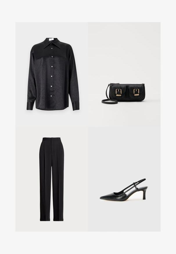 Black long-sleeve shirt with a collared neckline, featuring a crinkled texture, full button front, and cuffs. Made from a smooth fabric.; Black tailored trousers with a high waist, featuring pleats at the front, a straight leg design, and a cuffed hem. Made from smooth fabric.; Black patent slingback heel with a pointed toe, featuring textured snake print, adjustable strap, and a short, textured block heel.; Black leather crossbody bag with two front pockets, gold buckles, zipper closure, and a slim strap. Textured surface and compact rectangular shape.