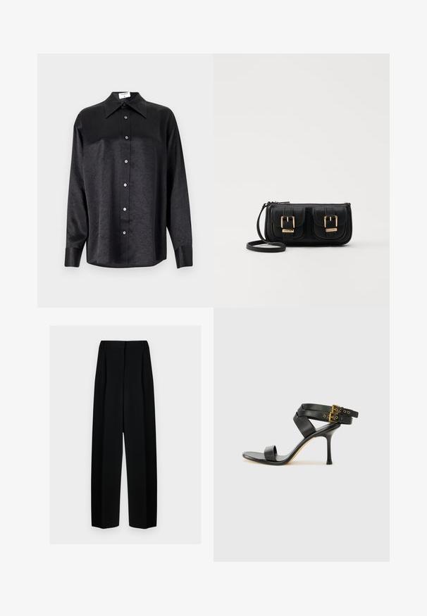 Svart langermet skjorte med krage, som har en rynket tekstur, fullt knappet front og mansjetter. Laget av et glatt stoff.; Svart vide bukser med høy livhøyde, med folder og en glatt tekstur. Stoffet virker lett og faller elegant.; Svarte hælsandaler med kryssende stropper og justerbar spenne. Har en jevn tekstur og avsmalnende stilettoklakk.; Svart skinn crossbody veske med to frontlommer, gyldne spenner, glidelåslukking og en slank stropp. Teksturert overflate og kompakt rektangulær form.