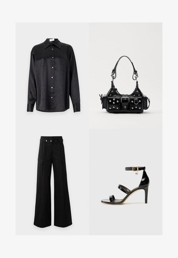 Melnas garām piedurknēm krekls ar apdari, kas piedāvā samocītu tekstūru, pilnu pogu priekšpusi un aproces. Izgatavots no gludas auduma.; Melni plats kāju bikses ar augstu jostasvietu, kas aprīkotas ar lielām sānu kabatām, divām priekšējām pogām un cilpas detaļu. Izgatavotas no izturīga auduma.; Melnas lakota ādas sandalēs ar trim siksnām, potītes sprādzi un 4 collu stiletto papēdi. Iespējas ar zelta detaļām un logotipa piekariņu.; Melnas ādas rokturmais ar izliekumu, ar sudraba iedurtiem, sprādzi un divām sānu kabatām. Regulējams siksniņas garums dažādām nēsāšanas iespējām.