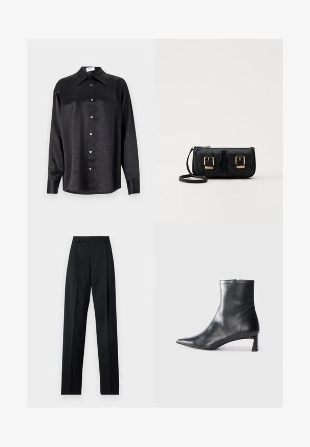 Čierna košeľa s dlhým rukávom a golierom, s pokrčenou textúrou, plne gombíkovou prednou časťou a manžetami. Vyrobená z hladkého materiálu.; Čierne nohavice vyrobené z hladkej látky s vysokým pásom, širokými nohavicami, prednými záhybmi a klasickými pútkami na opasok. Žiadne bočné vrecká nie sú viditeľné.; Čierne kožené členkové topánky s špicatou špičkou a elegantným dizajnom. Majú nízky podpätok a zips na zadnej strane. Hladká textúra.; Čierna kožená crossbody taška s dvoma prednými vreckami, zlatými sponami, zipsovým uzatváraním a úzkym popruhom. Štruktúrovaný povrch a kompaktný obdĺžnikový tvar.
