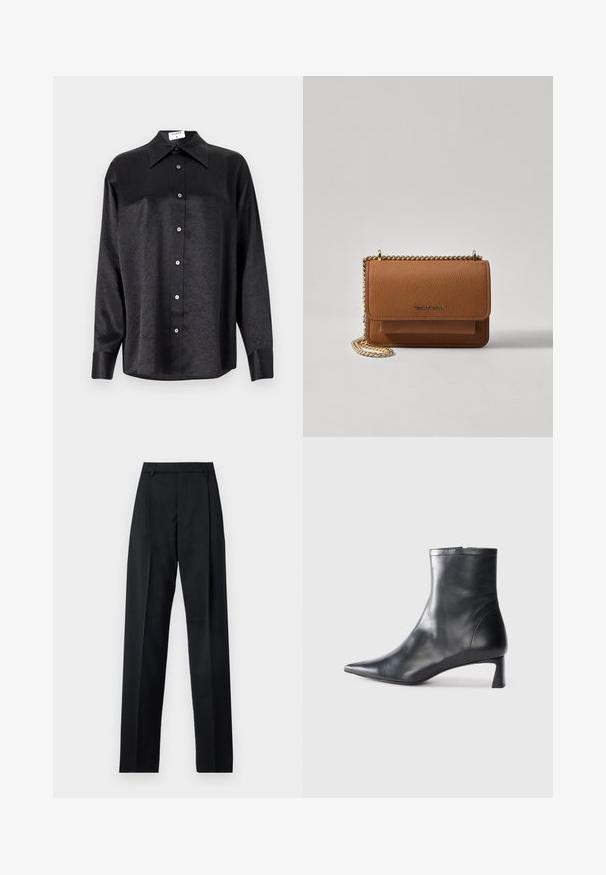 Schwarzes Langarmhemd mit kragenförmigem Halsausschnitt, mit einem zerknitterten Textur, voller Knopfleiste und Manschetten. Hergestellt aus einem glatten Stoff.; Schwarze Hosen aus glattem Stoff mit hoher Taille, weitem Bein, vorderen Falten und klassischen Gürtelschlaufen. Keine sichtbaren Seitentaschen.; Schwarze Lederstiefelette mit spitzer Zehe und schlankem Design. Verfügt über einen niedrigen Absatz und einen Reißverschluss hinten. Glatte Textur.; Braune strukturierte Ledertasche mit goldener Kettenriemen und Klappenverschluss. Die Vorderseite zeigt ein Logo-Detail und eine Tasche unter der Klappe.