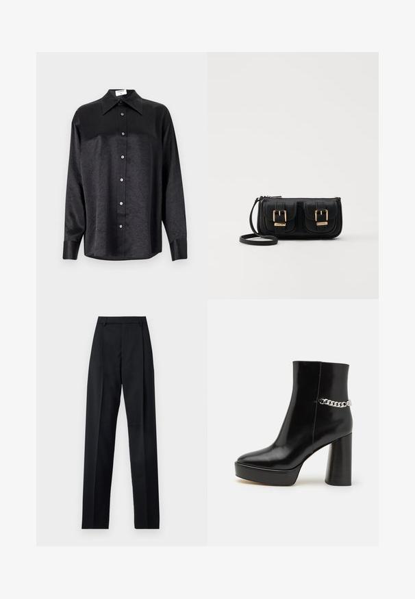 Crna košulja dugih rukava s ovratnikom, s naboranom teksturom, potpuno dugmadi naprijed i manžetama. Izrađena od glatkog materijala.; Crne hlače od glatkog materijala s visokim strukom, širokim nogavicama, prednjim pregibima i klasičnim petljama za remen. Nema vidljivih bočnih džepova.; Crne lakirane kožne gležnjače s debelim platformom i visokim blok štiklom. Imaju srebrni lanac kao detalj sa strane. Glatka tekstura.; Crna kožna torba preko ramena s dva prednja džepa, zlatnim kopčama, zatvaranjem na zip i uskim remenom. Teksturirana površina i kompaktan pravokutan oblik.