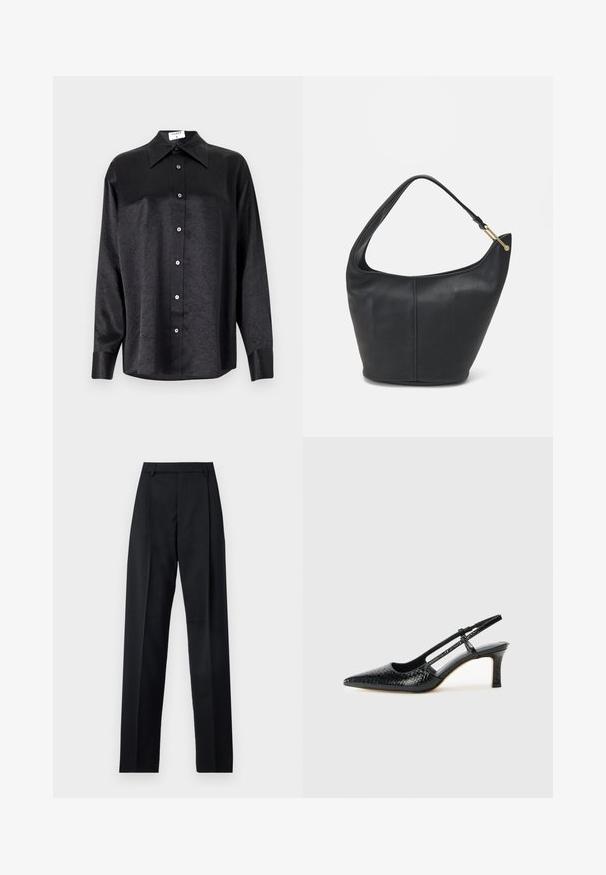 Camisa negra de manga larga con cuello, que presenta una textura arrugada, botón frontal completo y puños. Fabricada en un tejido suave.; Pantalones negros de tela suave con cintura alta, piernas amplias, pliegues frontales y lazos de cinturón clásicos. No hay bolsillos laterales visibles.; Tacón slingback negro de charol con punta afilada, que presenta un estampado de serpiente texturizado, correa ajustable y un tacón bloque corto y texturizado.; Bolso de cuero negro con forma redondeada, un strap ancho y un acabado texturizado. Presenta un sutil detalle de costura y un acento de hardware en tono dorado.