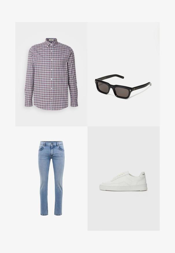 Camisa de botones con un patrón de cuadros en colores rojo, azul y blanco. Fabricada en algodón, tiene mangas largas y un dobladillo redondeado.; Jeans de mezclilla azul claro con un corte ajustado, cinco bolsillos y un diseño de pierna recta. Cuenta con una cremallera y trabillas para cinturón. Textura suave.; Zapatilla de cuero blanca con un acabado suave, puntera redonda, cordones planos y suela texturizada. Cuenta con un sutil logo en el talón.; Gafas de sol rectangulares negras con lentes oscuros, marco de plástico grueso, acentos dorados en las patillas y logotipo de la marca grabado en el brazo.