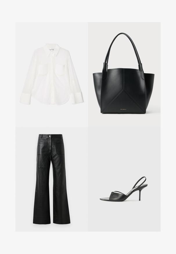 Balta, ilga rankovėmis marškiniai pagaminti iš lengvos medžiagos. Jame yra mygtukų užsegimas priekyje, dvi krūtinės kišenės ir klasikinis apykaklė.; Juodos odinės plačios kelnės su priekinėmis kišenėmis ir sagčių uždarymu. Medžiaga yra lygi, su nedideliu blizgesiu ir matomomis siūlėmis.; Juodos odinės slingback aukštakulnės bateliai su smailiu priekiniu galu, plona kulkšnies juostele ir stiletto kulnu. Papuošti mazginio detalė vampyro dalyje.; Juodas odinis nešiojimo krepšys su geometriniu dizainu, turintis dvi rankenas ir auksinį prekės ženklą priekyje. Lygus paviršius ir struktūrizuota forma.