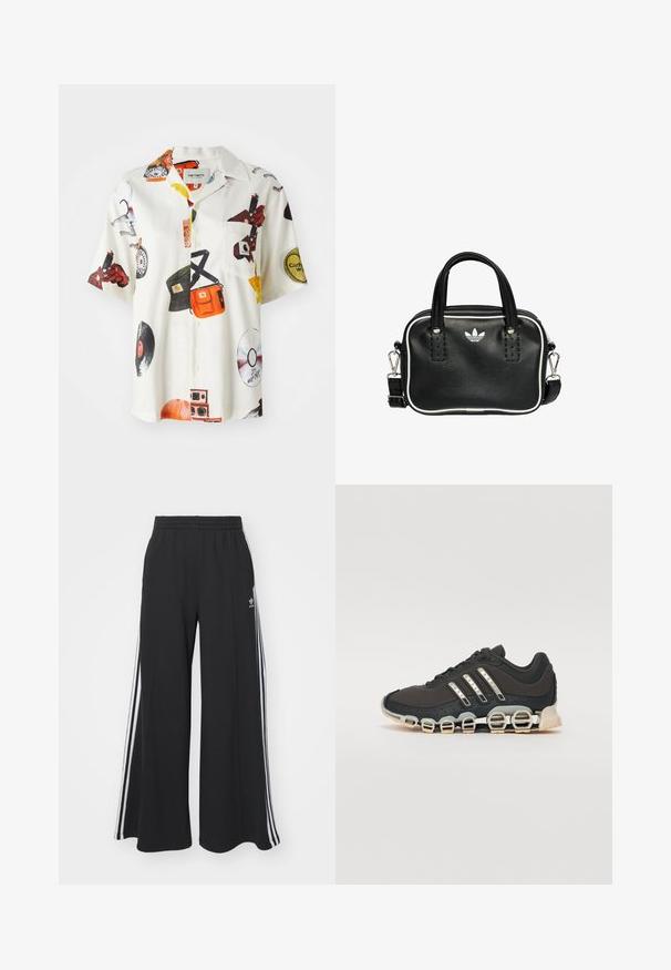 Camicia a maniche corte in tessuto bianco con stampe colorate a tema musicale, taschino sul petto e chiusura con bottoni frontale con colletto classico.; Pantaloni in felpa neri a gamba larga con vita elastica, dotati di strisce bianche sui lati e un logo ricamato sulla coscia sinistra.; Scarpa da ginnastica nera con tomaia testurizzata, tre strisce argentate e una suola ammortizzata distintiva con più sezioni integrate.; Borsa a mano in pelle nera con due manici corti, hardware argentato, dettagli bianchi e un logo bianco. Presenta una superficie strutturata e un design compatto.