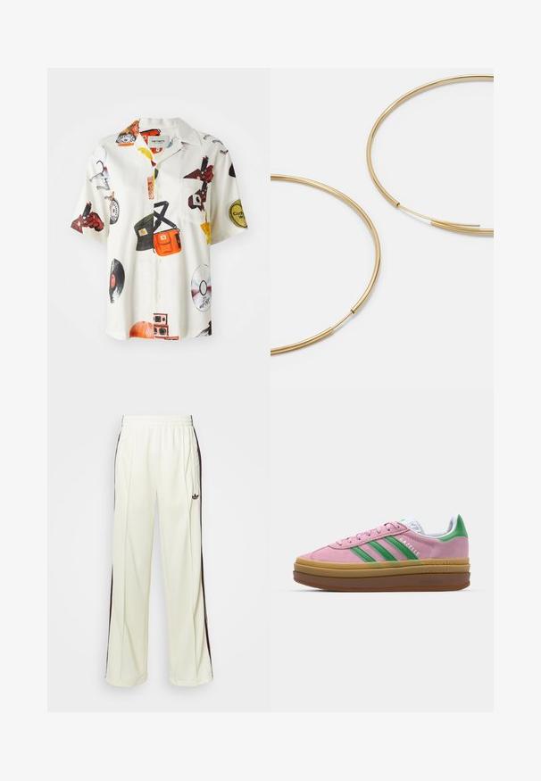 Košile s krátkým rukávem z bílé látky s barevnými potisky na hudební téma, kapsou na hrudi a zapínáním na knoflíky s klasickým límcem.; Krémové tepláky s uvolněným střihem, se šněrováním v tmavě hnědé barvě na bocích a vyšitým logem na levém stehně.; Růžové semišové tenisky se zelenými pruhy, bílými akcenty a hnědou gumovou podrážkou. Mají strukturovanou tkaninu a detail s logem na boku.; Zlaté kruhové náušnice, tenké a kulaté, s hladkým kovovým povrchem a bez zdobení či vzorů.