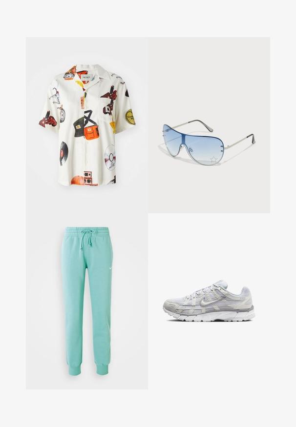 Kortermet skjorte i hvitt stoff med fargerike musikktema trykk, en brystlomme og en knapp foran med klassisk krage.; Mintgrønne sweatpants med elastisk talje, snøre og ribbede manchetter. Har et lille hvidt Nike-logo på venstre lår.; Lys grå sportsko med overdel i mesh og syntetisk materiale, med snøring, polstret krave og strukturert såle for grep.; Pilotbriller med gradient blå linse, sølvfarget metallramme og dekorative stjerneaksenter på linsen. Glatt og stilren design.