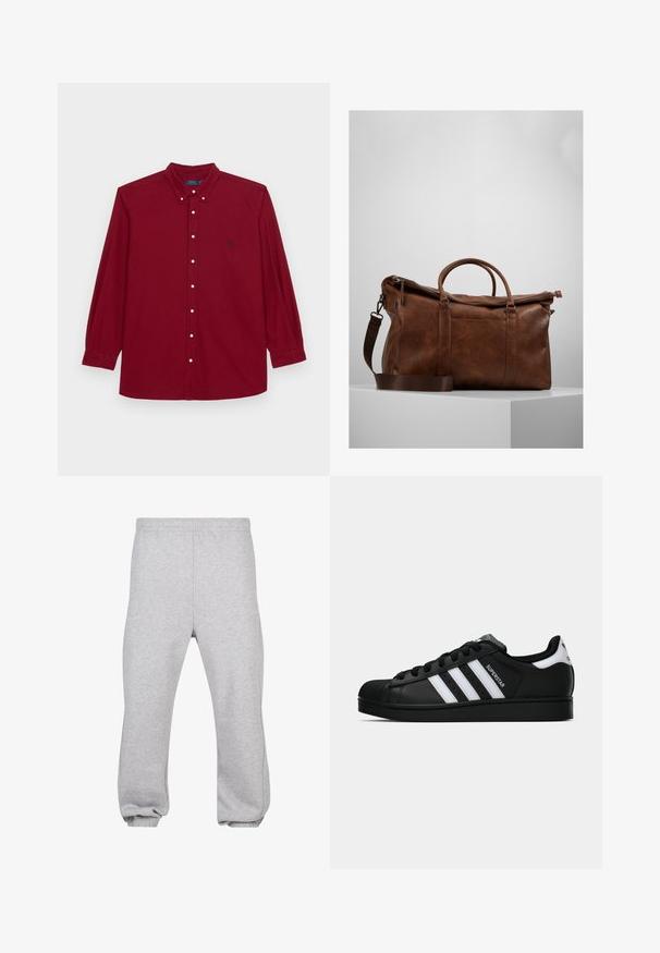 Polo Ralph Lauren Big & Tall GARMENT-DYED OXFORD SHIRT - Shirt - red carpet; Long-sleeve camouflage t-shirt in green, brown, and beige with a round neckline. Features a mixed pattern of irregular splotches and textures.; Gray sweatpants made of cotton blend, featuring an elastic waistband, tapered legs, and cuffed hems. Simple design with no patterns.; Black Adidas Superstar sneaker with white stripes, shell toe, and "Superstar" text on side, shown in side profile on white background.; Brown leather duffle bag with a zip closure, double handles, adjustable shoulder strap, and visible texture patterns on the surface.