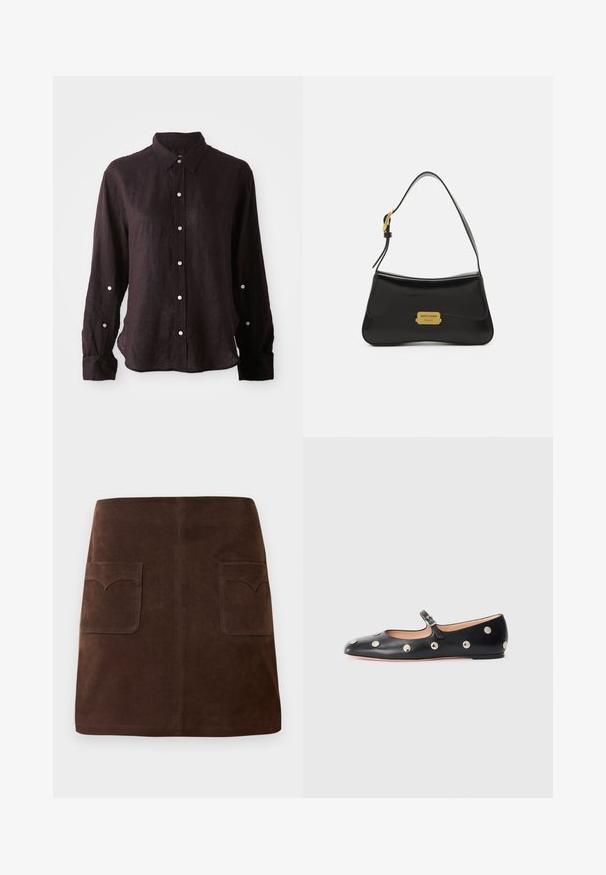 Tamsus, ilgomis rankovėmis marškinis iš lengvos lino medžiagos, su mygtukų užsegimu priekyje, smailiu apykakle ir viena krūtinės kišenė. Sidabriniai mygtukai.; Ruda veliūrinė sijonas, pasižymintis klasikinio A formos siluetu, dviem priekinėmis kišenėmis su apvaliais uždangaliukais ir subtiliais siuvinėjimo akcentais.; Juodų odinių Mary Jane plokščių batų su apvaliu pirštu, papuoštų sidabriniais apvaliais nagais ir reguliuojamu dirželiu su sagtimi.; Juodas odinis rankinė su kreiva forma, auksine logotipo plokšte ir plona petine dirželiu. Lygus paviršius su blizgiu apdailu.