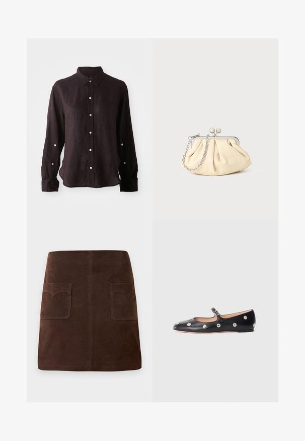 Sötét, hosszú ujjú ing könnyű lennből, gombos elejével, hegyes gallérral és egyetlen mellzsebbel. Ezüst gombok.; Barna velúr szoknya klasszikus A-vonalú fazonnal, két elülső zsebbel kerek fedéllel és diszkrét varrási részletekkel.; Fekete bőr Mary Jane lapossarkú cipő, lekerekített orral, ezüst színű kör alakú szegecsekkel és állítható pánttal, csattal.; Pleátolt bézs bőr válltáska ezüst fém kerettel, két kerek díszcsattal és ezüst lánc pánttal.